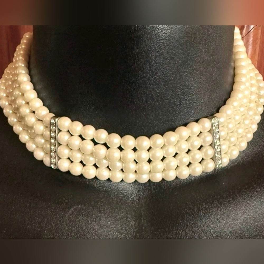Vtg Art Deco 4 Strand Faux Pearl Choker Necklace Rhinestone Spacer Bars
